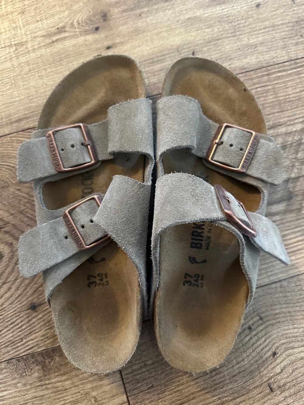 Birkenstock Arizona Suede Sandals in Taupe Gray with Copper Buckles